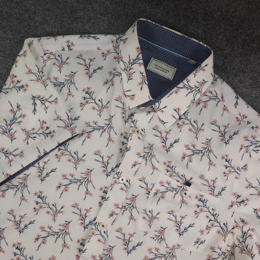 7 Diamonds Shirt Mens Med 4 Way Stretch White Floral Short Sleeve Button Up